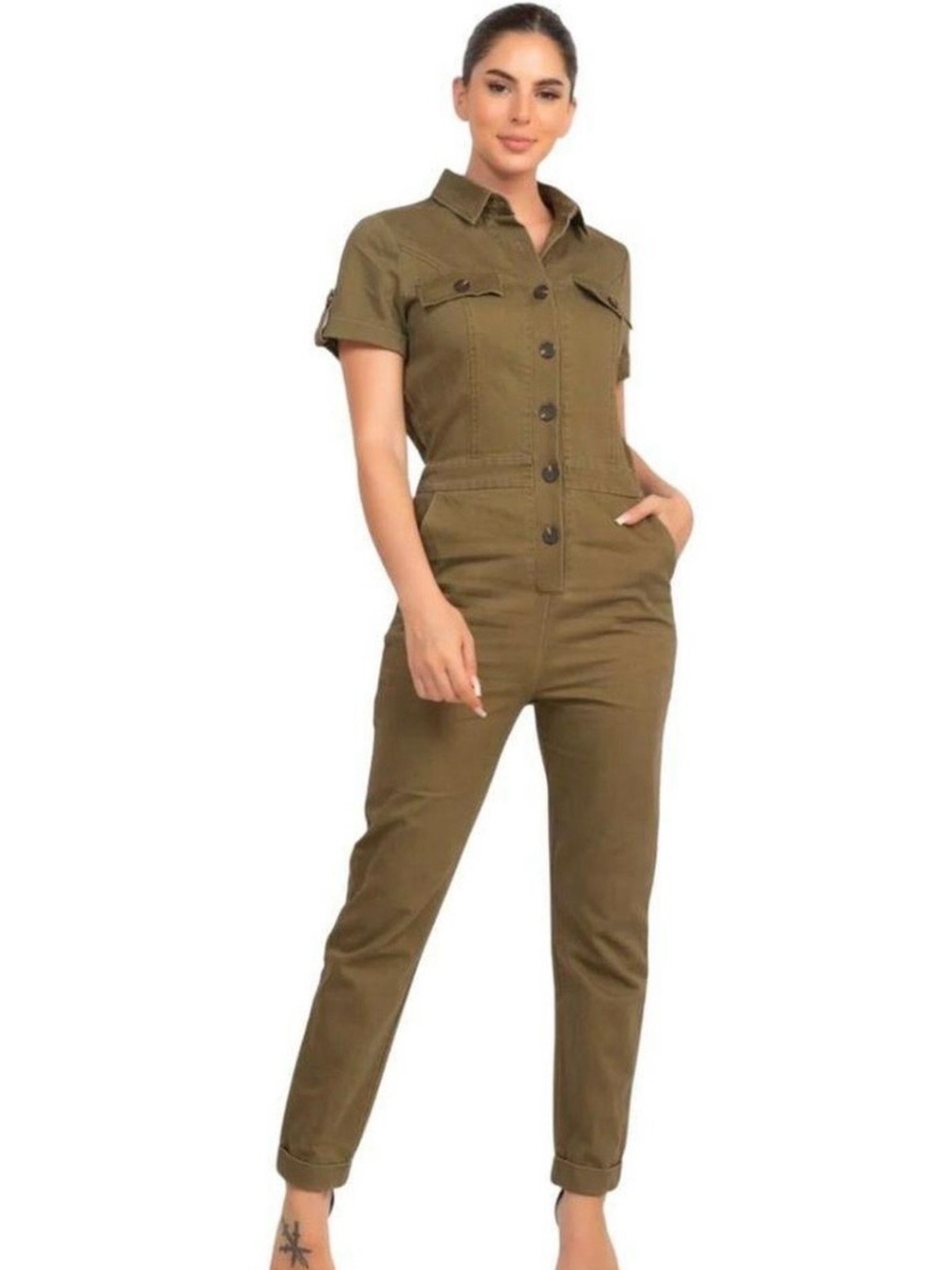 Anthropologie Haute Monde Denim Utility Jumpsuite Small Olive Button Boho Chic